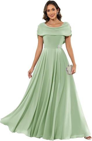 Chiffon Mother of The Bride Dresses for Women Long Cap Sleeves Pleated Formal Evening Gown in Saudi Arabia