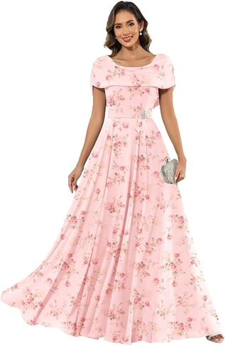 Chiffon Mother of The Bride Dresses for Women Long Cap Sleeves Pleated Formal Evening Gown in Saudi Arabia