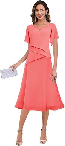 فساتين أم العروس بطول الشاي للنساء برقبة ترتر وكشكشة من الشيفون فستان سهرة رسمي بأكمام in Kuwait