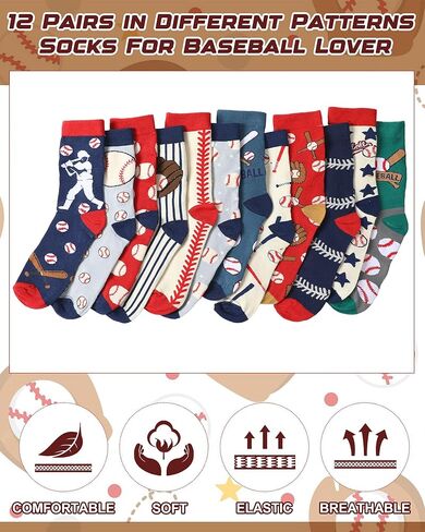 Patelai 12 Pairs Funny Baseball Theme Crew Socks for Men Youth, Bulk Novelty Baseball Stuff Accessories Dress Socks for Adult Coach Player Team Party Favors Senior Night Gifts in Saudi Arabia