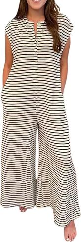 CHARTOU Women's Summer Loose Stripes Overalls Cap Sleeve One Piece Jumpsuit Buttons Wide Leg Pants Romper in Saudi Arabia