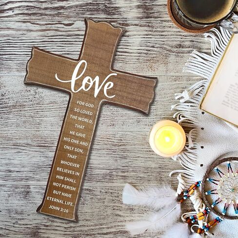 Cross Wall Decor - Wood Color Scripture Wooden Cross For Wall - Rustic Wooden Hanging Signs Christian Easter Decor for Home Office Church Baptism - Christian Gifts for Men Women (Love)- A03 in Saudi Arabia
