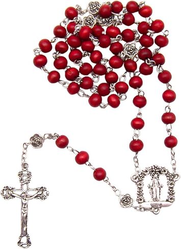 Rose-Scented Catholic Rosary, 7mm Red Wood Beads, Silver Toned Cross, 19 inches in Saudi Arabia