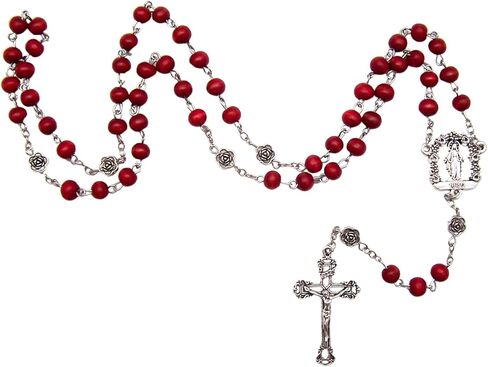Rose-Scented Catholic Rosary, 7mm Red Wood Beads, Silver Toned Cross, 19 inches in Saudi Arabia