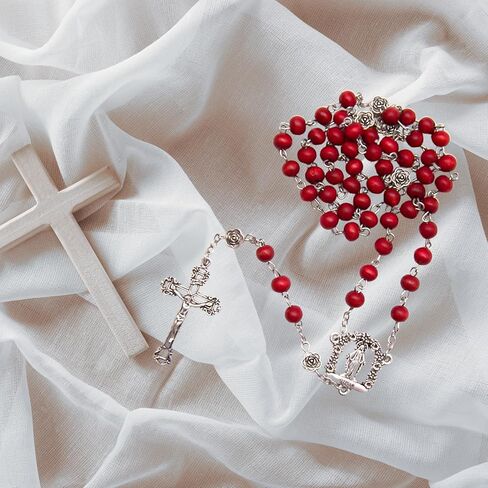 Rose-Scented Catholic Rosary, 7mm Red Wood Beads, Silver Toned Cross, 19 inches in Saudi Arabia