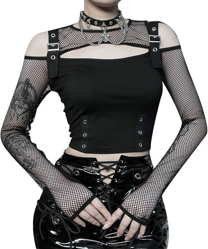 Long Sheer Mesh Sleeve Off Shoulder Women Going Out Goth Tops in Kuwait