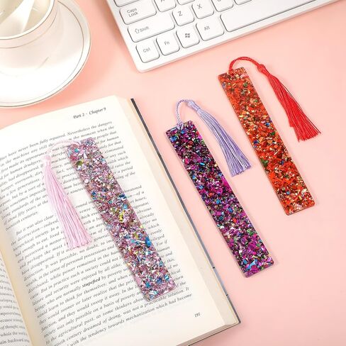 3PCS Glittering Bookmarks, Glitter Acrylic Bookmarks Transparent Glitter with Colorful Silk Tassels for Women Girls Reading Gifts in Saudi Arabia