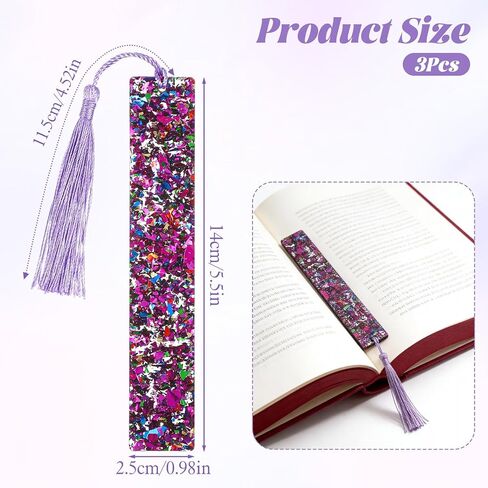 3PCS Glittering Bookmarks, Glitter Acrylic Bookmarks Transparent Glitter with Colorful Silk Tassels for Women Girls Reading Gifts in Saudi Arabia