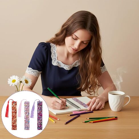 3PCS Glittering Bookmarks, Glitter Acrylic Bookmarks Transparent Glitter with Colorful Silk Tassels for Women Girls Reading Gifts in Saudi Arabia
