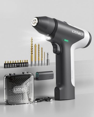 Litheli 4V Cordless Drill & Screwdriver, Brushless Power Drill Set with 2 Variable Speeds, 3/8" Keyless Chuck, 4000mAh Rechargeable Battery, LED Light, for Home DIY & Furniture Assembly in Kuwait