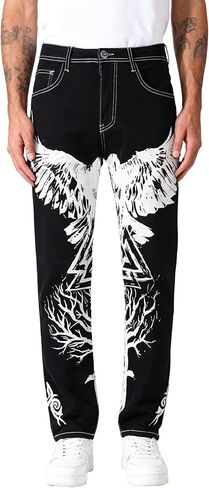 Men’s Y2K Graphic Printed Stacked Jeans, Slim Fit Drip Wash Streetwear Fashion Denim Pants for Men in Saudi Arabia