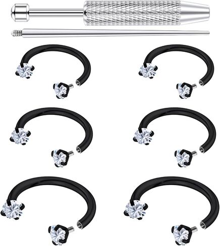 6Pcs 18G Horseshoe Nose Ring with Double Gem Surgical Steel Horse Shoe Hoop Small Septum Ring for Cartilage Helix Tragus Labret Lip Piercing Jewelry for Women Men 8mm 10mm 12mm in Saudi Arabia