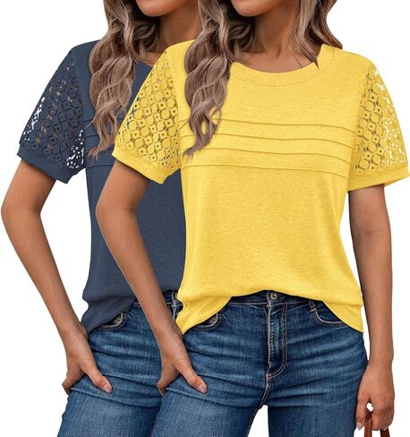 Womens Tops Summer Loose Casual Crewneck Lace Sleeve T Shirts Fashion Beach Vacation Clothes Cute Blouse 2026 in Saudi Arabia