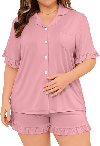 SWOMOG Women Plus Size Pajamas Sets Button Down Sleepwear Short Sleeve Ruffles 2Pcs Lounge Sets Soft Summer Pjs 18W-26W in Saudi Arabia