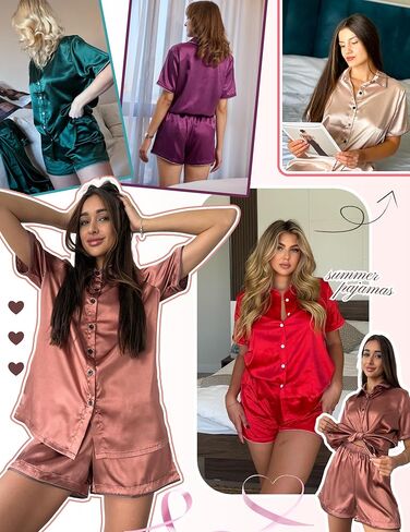 Ekouaer Silky Satin Womens Pajamas Sets Short Sleeve Button Down Sleepwear Top Lounge Sets Pjs Shorts Outfits Summer in Saudi Arabia