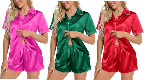 Ekouaer Silky Satin Womens Pajamas Sets Short Sleeve Button Down Sleepwear Top Lounge Sets Pjs Shorts Outfits Summer in Saudi Arabia