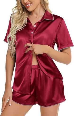 Ekouaer Silky Satin Womens Pajamas Sets Short Sleeve Button Down Sleepwear Top Lounge Sets Pjs Shorts Outfits Summer in Saudi Arabia
