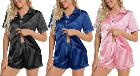 Ekouaer Silky Satin Womens Pajamas Sets Short Sleeve Button Down Sleepwear Top Lounge Sets Pjs Shorts Outfits Summer in Saudi Arabia