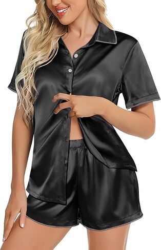 Ekouaer Silky Satin Womens Pajamas Sets Short Sleeve Button Down Sleepwear Top Lounge Sets Pjs Shorts Outfits Summer in Saudi Arabia