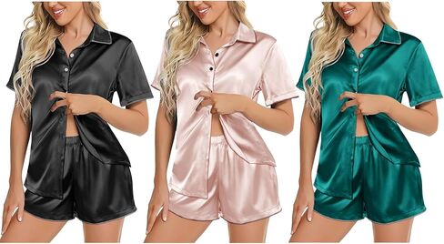 Ekouaer Silky Satin Womens Pajamas Sets Short Sleeve Button Down Sleepwear Top Lounge Sets Pjs Shorts Outfits Summer in Saudi Arabia