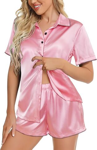 Ekouaer Silky Satin Womens Pajamas Sets Short Sleeve Button Down Sleepwear Top Lounge Sets Pjs Shorts Outfits Summer in Saudi Arabia
