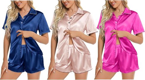 Ekouaer Silky Satin Womens Pajamas Sets Short Sleeve Button Down Sleepwear Top Lounge Sets Pjs Shorts Outfits Summer in Saudi Arabia