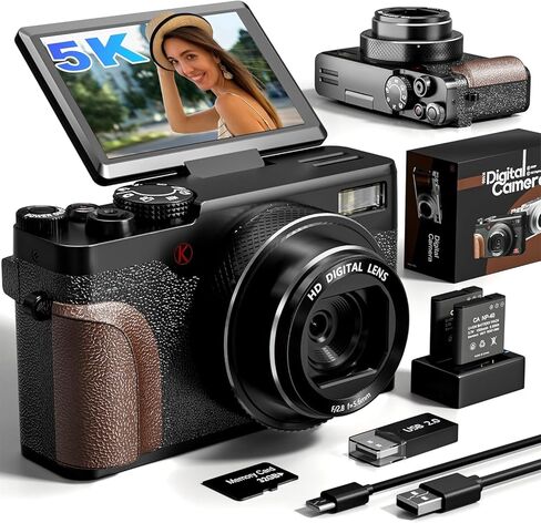 5K 64MP Digital Camera for Photography & YouTube Vlogging - 18X Zoom UHD Autofocus Video Camera with 3" 180° Flip Screen, 64GB TF Card & 2 Batteries - Compact Travel in Kuwait