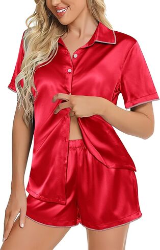 Ekouaer Silky Satin Womens Pajamas Sets Short Sleeve Button Down Sleepwear Top Lounge Sets Pjs Shorts Outfits Summer in Saudi Arabia