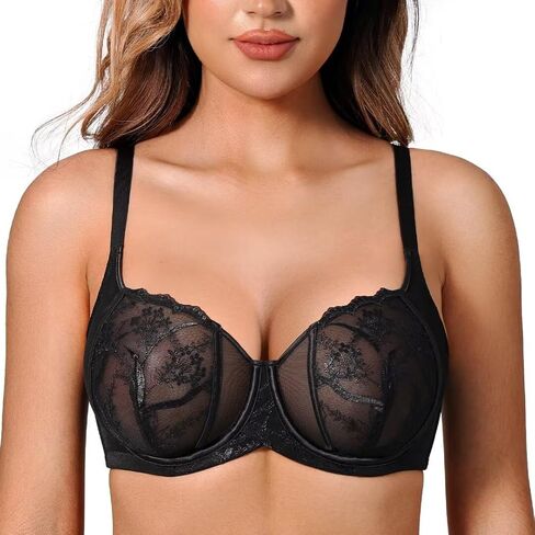 Deyllo Women's Sexy Lace Bra Demi Sheer Mesh Balconette Unlined Bras Underwire in Saudi Arabia