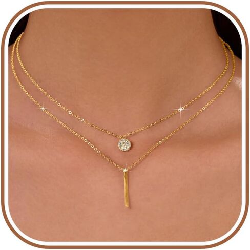 14K Gold Plated Layered Necklaces for Women 925 Sterling Silver Bar Charm Choker Double Circle Layered Y Clavicle Pendant Necklace Adjustable Chain Necklace Birthday Graduation Gifts for Her in Kuwait