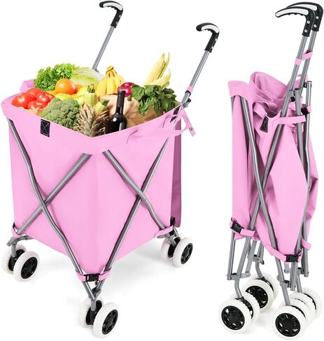 عربة تسوق قابلة للطي على عجلات من GOFLAME، عربة بقالة مقاومة للماء مع غطاء قابل للإزالة وعجلات دوارة 360 درجة، عربة أدوات قابلة للطي للبقالة والغسيل، سعة تحميل 120 رطل، وردي in Kuwait