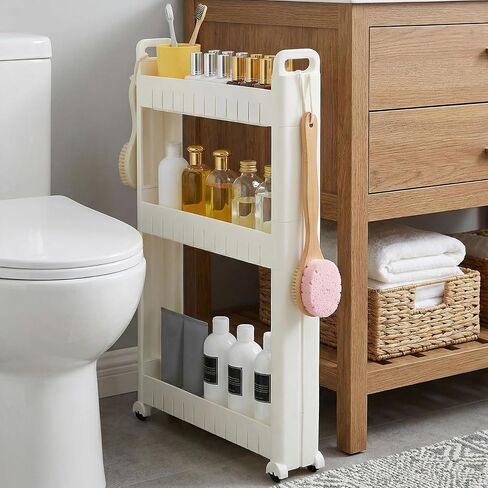 Slim Rolling Storage Cart Bathroom Organizer Slide Out Storage Carts Rolling Utility Cart Slide Out Organizer for Kitchen Bathroom Laundry Office Plastic Slide-Out Shelves Space-Saving Design 3-Tier in Saudi Arabia