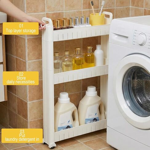 Slim Rolling Storage Cart Bathroom Organizer Slide Out Storage Carts Rolling Utility Cart Slide Out Organizer for Kitchen Bathroom Laundry Office Plastic Slide-Out Shelves Space-Saving Design 3-Tier in Saudi Arabia