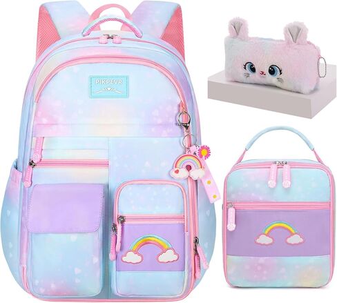 حقيبة ظهر للأطفال مكونة من 3 قطع للفتيات، حقيبة ظهر مدرسية لطيفة للطلاب بألوان قوس قزح مع حقيبة غداء ومجموعة حقائب أقلام (وردي متوسط ​​16.5 بوصة) in Kuwait