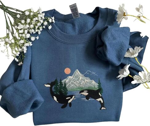 Orca Whale Embroidered Sweatshirt – Respect Local Wildlife Crewneck, Protect National Parks, Granola Girl Camping Hoodie, Pacific Northwest Nature Sweater Multi in Saudi Arabia