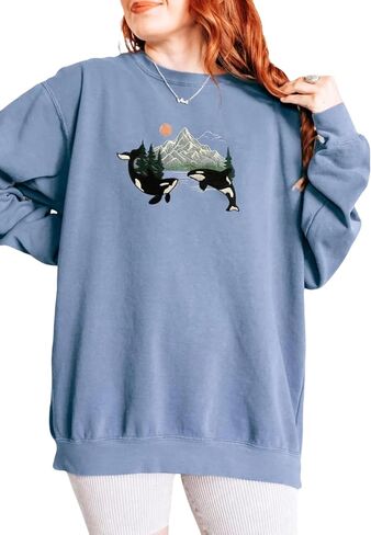 Orca Whale Embroidered Sweatshirt – Respect Local Wildlife Crewneck, Protect National Parks, Granola Girl Camping Hoodie, Pacific Northwest Nature Sweater Multi in Saudi Arabia