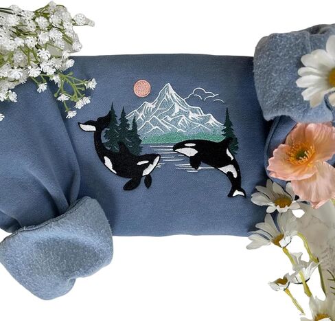 Orca Whale Embroidered Sweatshirt – Respect Local Wildlife Crewneck, Protect National Parks, Granola Girl Camping Hoodie, Pacific Northwest Nature Sweater Multi in Saudi Arabia