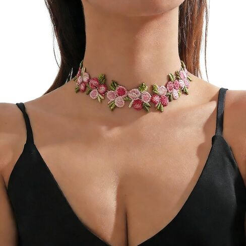 Boho Flower Lace Choker Necklace, Handmade Pink Rose Daisy Violet Floral Embroidered Collar for Women, Spring Summer Wedding Bridal Party Jewelry in Saudi Arabia