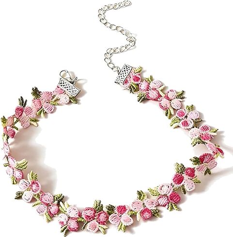 Boho Flower Lace Choker Necklace, Handmade Pink Rose Daisy Violet Floral Embroidered Collar for Women, Spring Summer Wedding Bridal Party Jewelry in Saudi Arabia