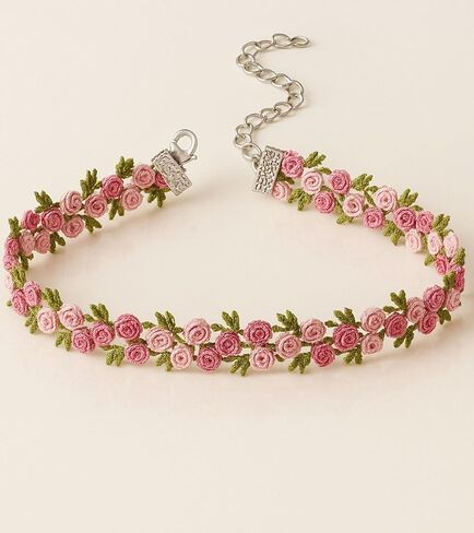 Boho Flower Lace Choker Necklace, Handmade Pink Rose Daisy Violet Floral Embroidered Collar for Women, Spring Summer Wedding Bridal Party Jewelry in Saudi Arabia