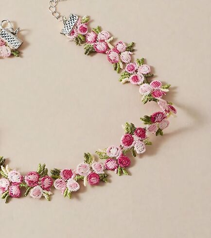 Boho Flower Lace Choker Necklace, Handmade Pink Rose Daisy Violet Floral Embroidered Collar for Women, Spring Summer Wedding Bridal Party Jewelry in Saudi Arabia