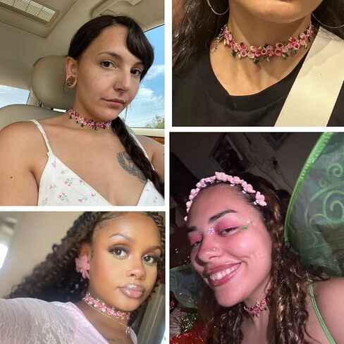 Boho Flower Lace Choker Necklace, Handmade Pink Rose Daisy Violet Floral Embroidered Collar for Women, Spring Summer Wedding Bridal Party Jewelry in Saudi Arabia