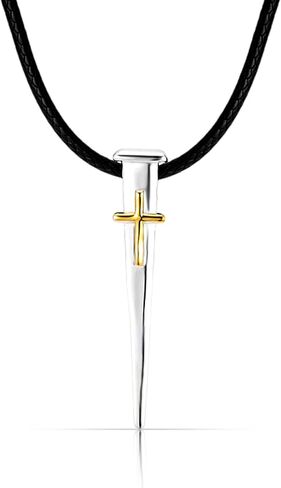 Silver Cross Necklace for Men – 925 Sterling Silver Jerusalem Nail Cross Pendant with Gold-Plated Detail on Black Leather Cord | Christian Faith & Valentine’s Day Gift for Him in Saudi Arabia