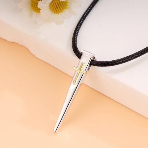 Silver Cross Necklace for Men – 925 Sterling Silver Jerusalem Nail Cross Pendant with Gold-Plated Detail on Black Leather Cord | Christian Faith & Valentine’s Day Gift for Him in Saudi Arabia
