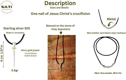 Silver Cross Necklace for Men – 925 Sterling Silver Jerusalem Nail Cross Pendant with Gold-Plated Detail on Black Leather Cord | Christian Faith & Valentine’s Day Gift for Him in Saudi Arabia