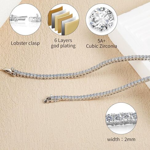 Tennis Necklace for Women Men 18K White Gold Plated 5A 2.0mm Round Cubic Zirconia Cut Faux Diamond Chain | Iced out tennis chain for men 4 Prong in Saudi Arabia