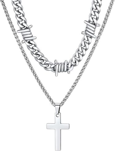 ChainsHouse Layered Cross Necklace for Men, Stainless Steel/Black/Gold Plated Cuban/Barbed Wire Necklace with Cross/Crucifix Pendant Religious Jewelry Gift Set for Dad, Husband in Saudi Arabia