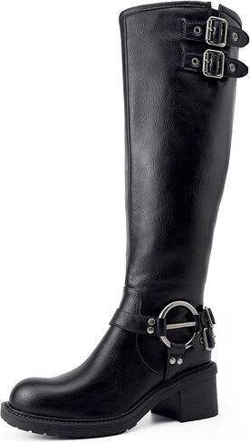 Women’s Knee High Boots Women Wide Calf Round Toe Riding Boots Low Heel Faux Leather Tall Boots Side Zipper Comfy Casual Rivet Buckle in Saudi Arabia