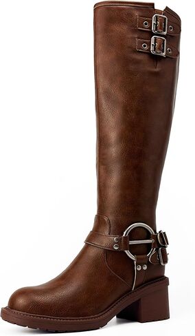 Women’s Knee High Boots Women Wide Calf Round Toe Riding Boots Low Heel Faux Leather Tall Boots Side Zipper Comfy Casual Rivet Buckle in Saudi Arabia