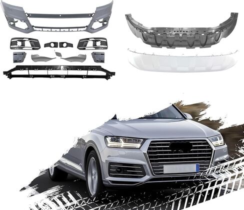 Complete Front Bumper Kit Compatible with 2020-2024 Audi Q7 W/O Lane Keep Assist | 13-Piece Set with Grille Fog Lamp Covers Spoiler | Replaces OEM Bumper Cover Components in Saudi Arabia